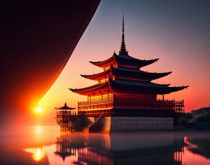 Traditional Pagoda Near Water Under Bridge at Sunset