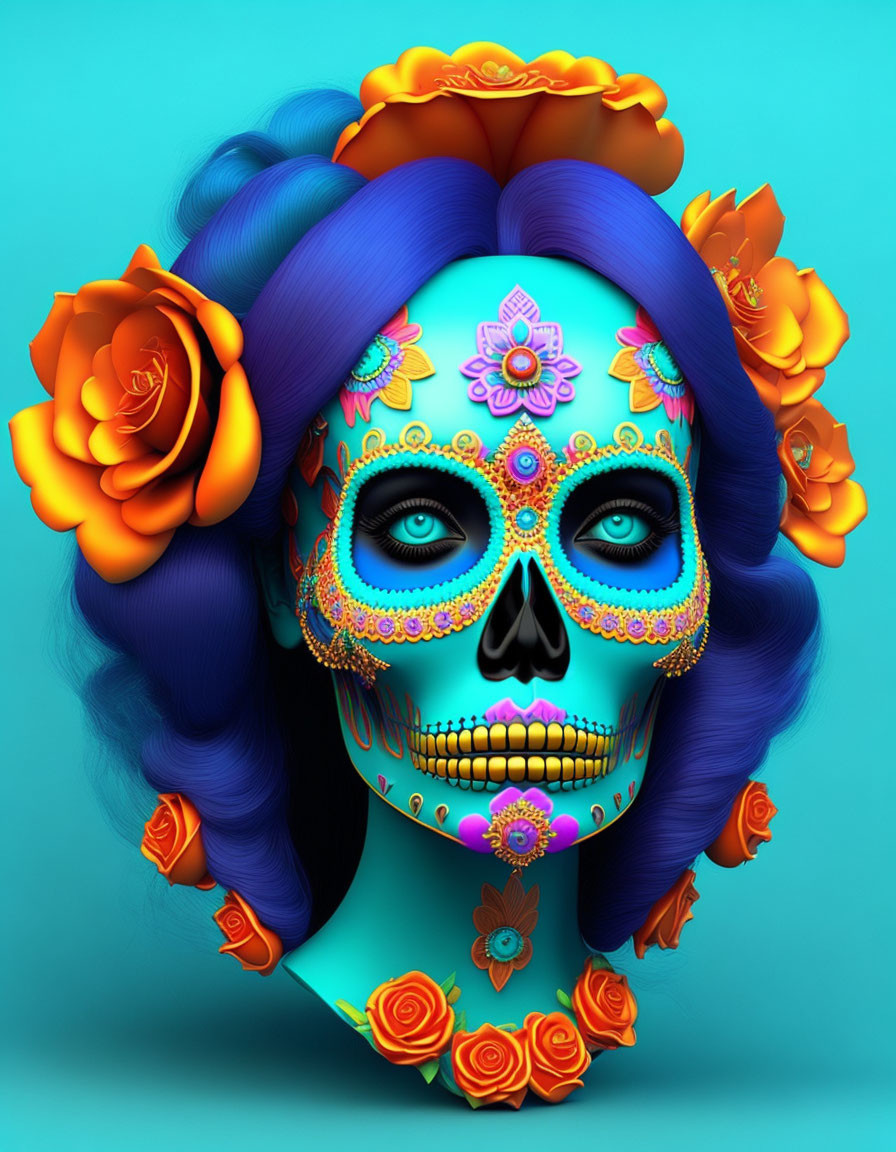 Colorful Dia de los Muertos Skull Face Paint Illustration with Roses and Blue Hair on Turquoise