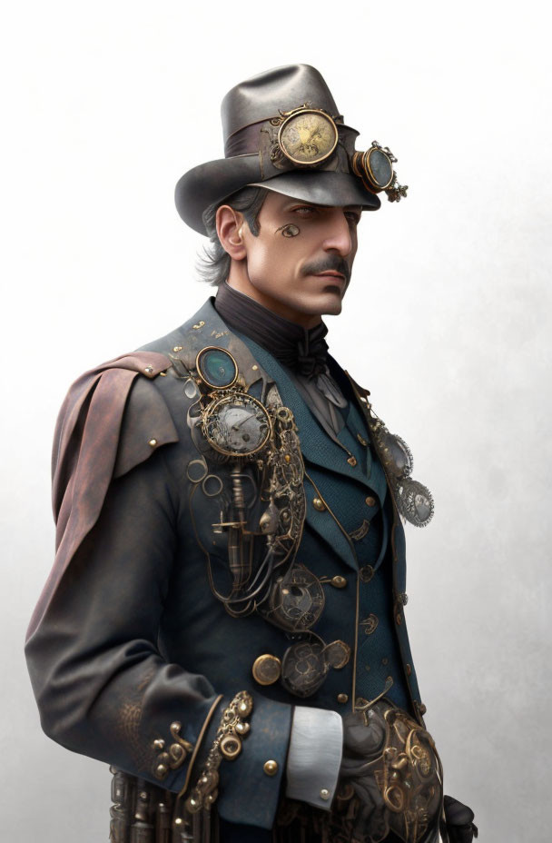 Steampunk-themed man in detailed attire with top hat and goggles.