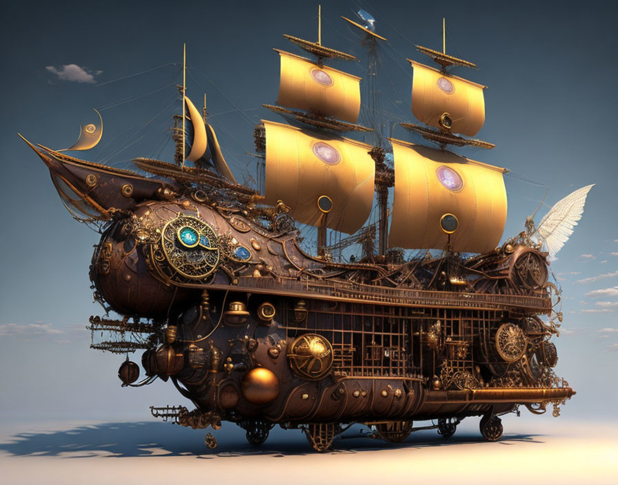 Steampunk-style ship with golden sails and ornate gears