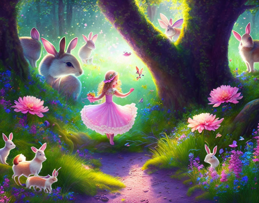 Young girl in pink dress with rabbits in sunlit forest full of flowers and butterflies