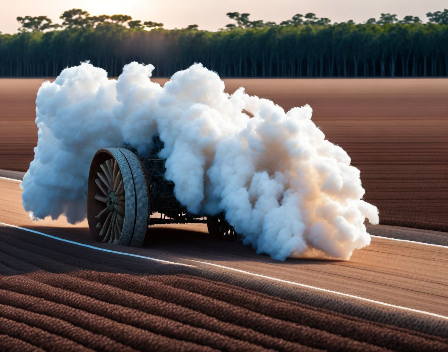 Vehicle creating white smoke clouds on track against forest backdrop at dusk