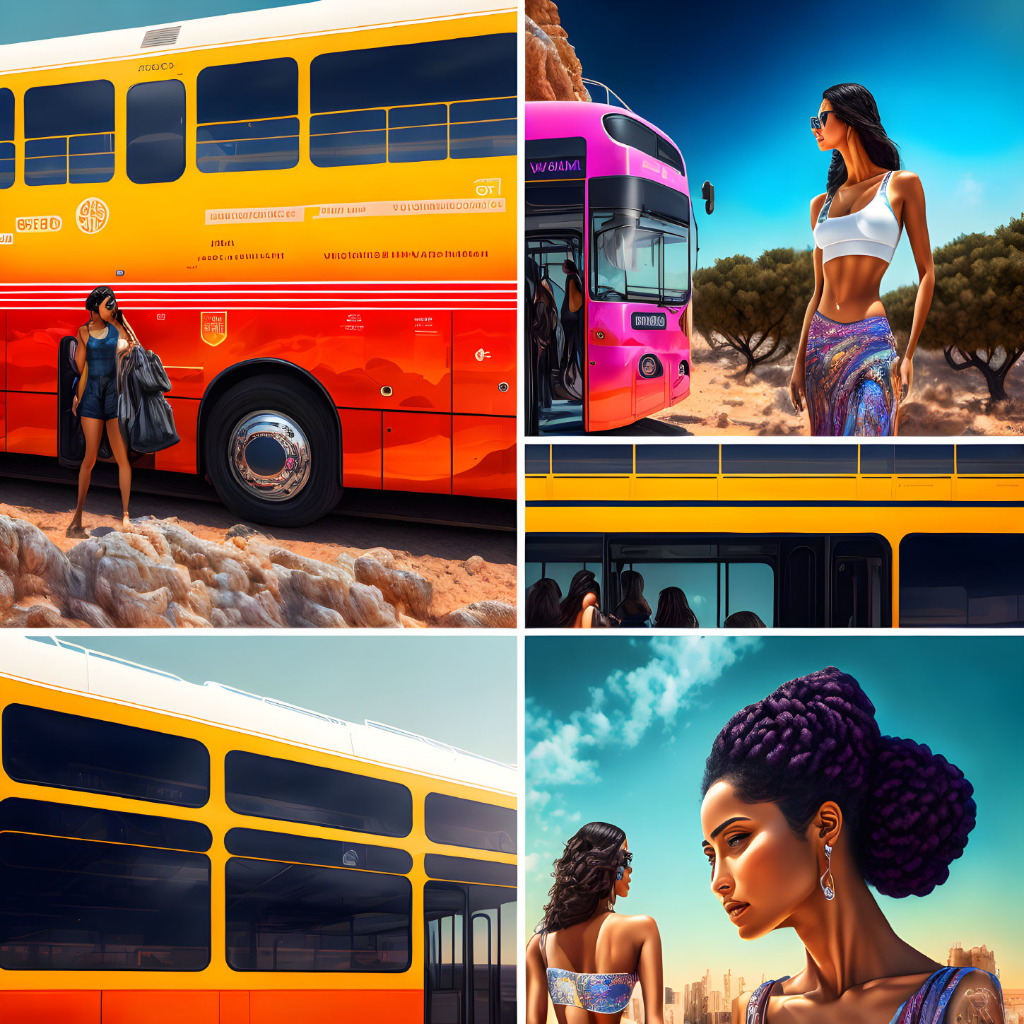 Vibrant bus and stylish women collage with warm tones and urban transport