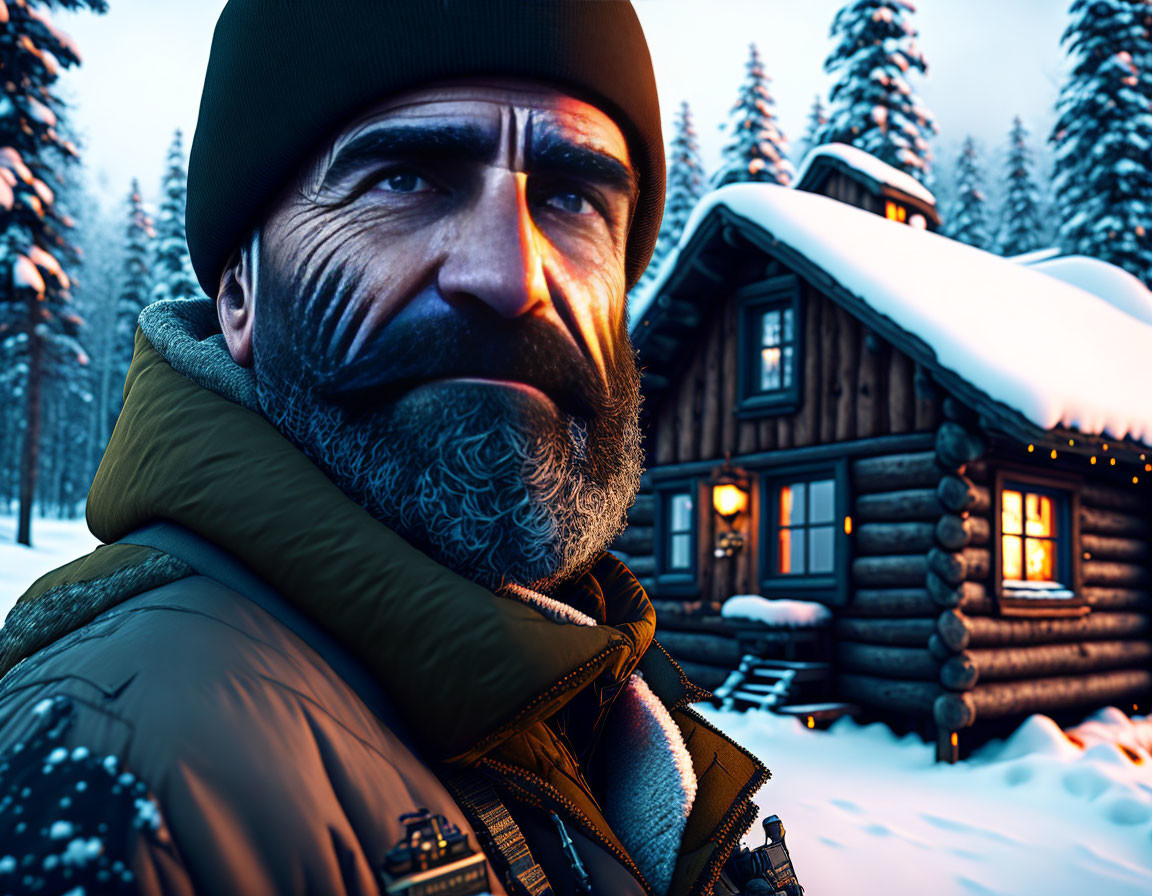 Bearded man in winter jacket at snow-covered cabin in wintry landscape