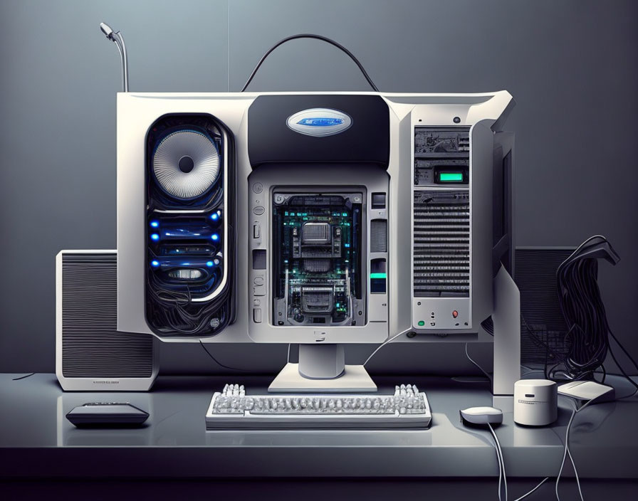 Modern desktop computer setup with open tower case, keyboard, speakers, and monitor