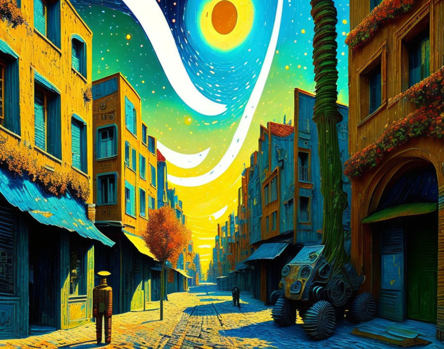 Colorful surreal streetscape with planetary bodies, vibrant buildings, and futuristic vehicle.