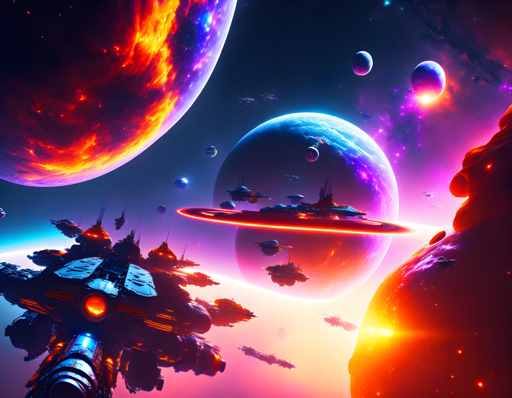 Colorful Sci-Fi Scene with Spaceships, Planets, Nebulae, and Asteroids