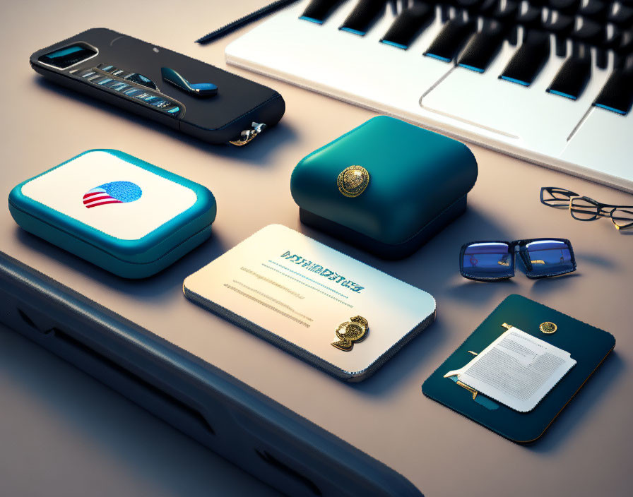 Keyboard, Glasses, Documents, and Emblematic Cases on Workspace depicting Authority Theme