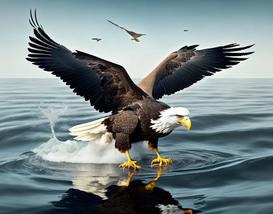 Bald eagle landing on calm sea with spread wings