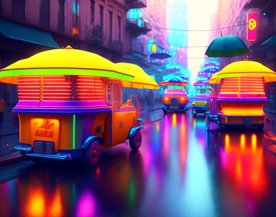 Vibrant neon-lit street scene with futuristic food trucks and glowing yellow umbrellas.