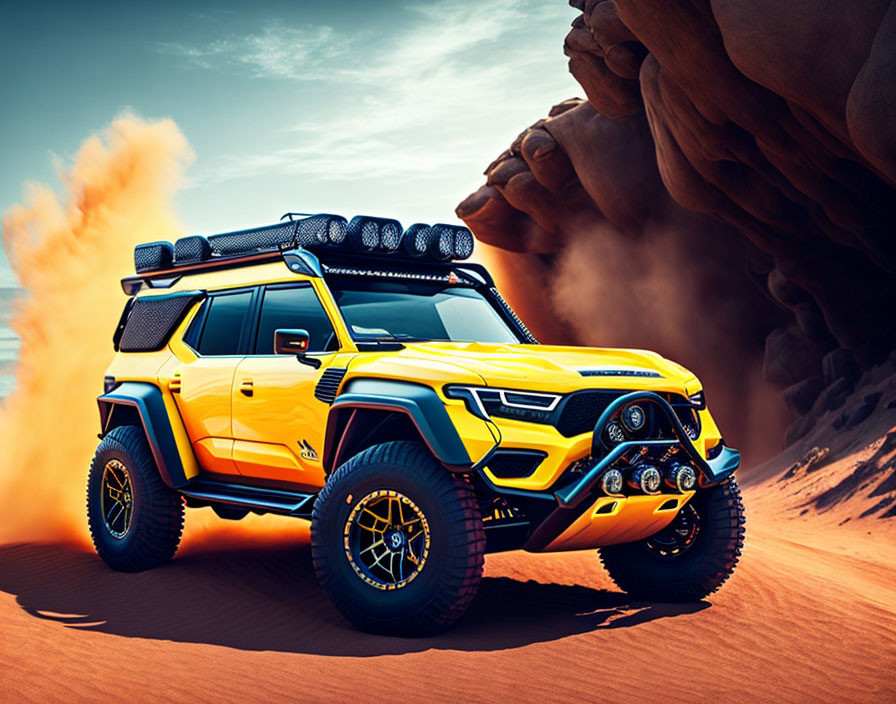 Yellow off-road vehicle with roof racks parked on desert dune with dust cloud