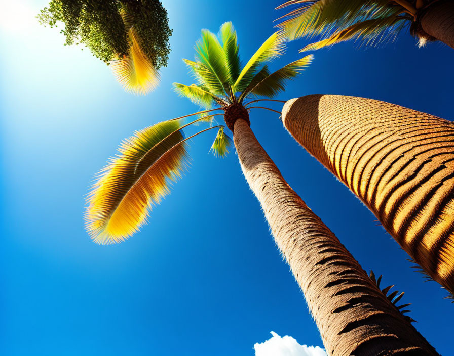 Tropical palm trees under vibrant blue sky with sunbeams