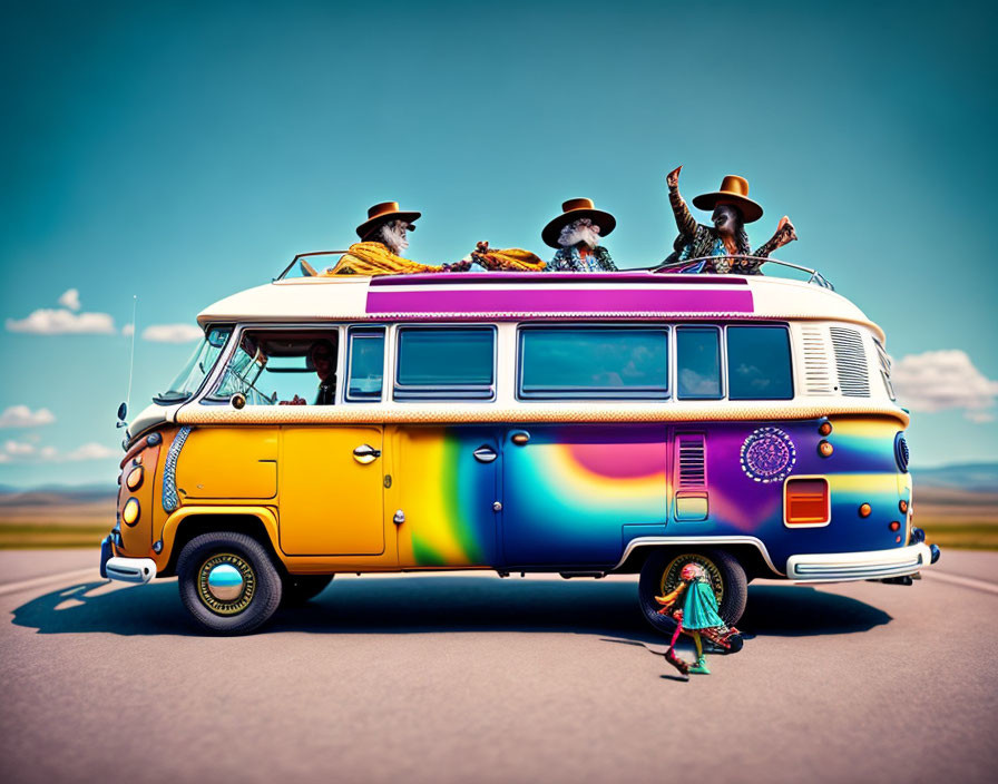 Vintage Van with People in Hats Driving Through Colorful Landscape