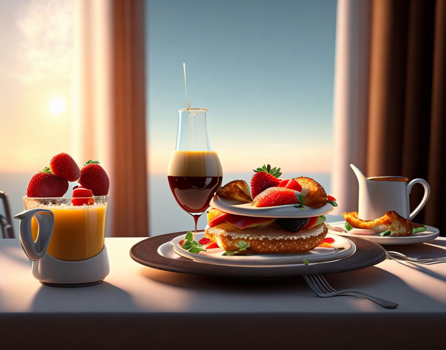 Morning Breakfast Scene with Pancakes, Strawberries, Juice, Coffee, and Waterfront View