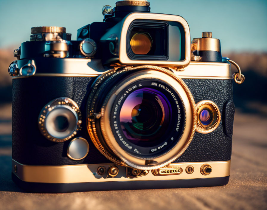 Vintage-Style Camera with Large Lens and Gold Accents on Sandy Background