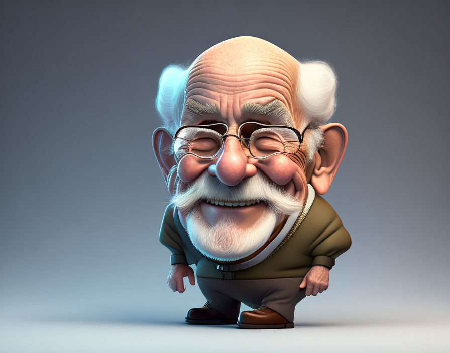 Cheerful elderly man 3D illustration with white hair and glasses