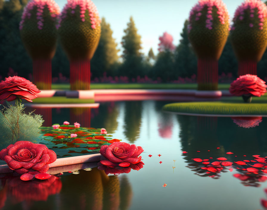 Whimsical landscape with oversized flowers, pencils as trees, calm pond, petals, and foliage