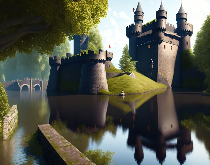 Medieval castle with multiple towers reflected in a moat amidst lush greenery