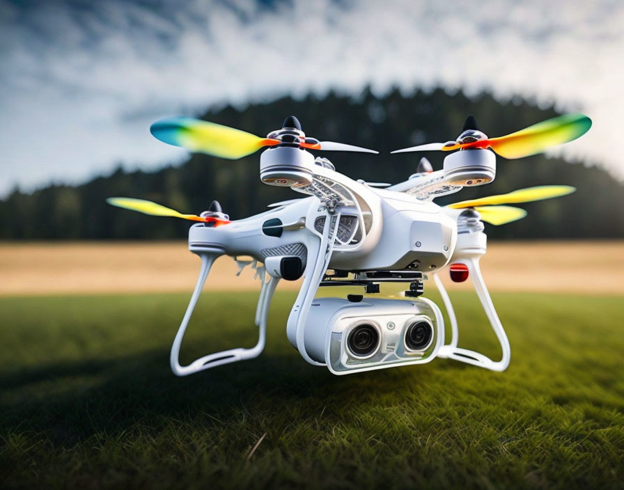 Colorful Propeller Quadcopter Drone Flying Over Grassy Field