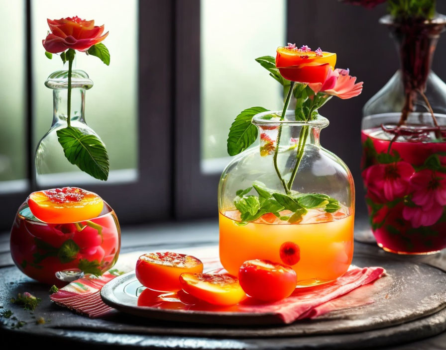 Colorful Drinks and Citrus Fruits Still Life Display