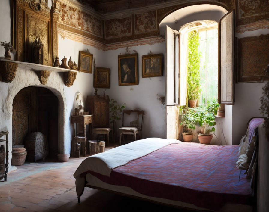 Vintage rustic bedroom with ornate walls, fireplace, wooden furniture, potted plants, sunlight, and