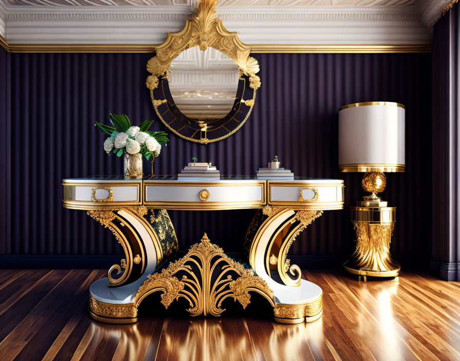 Luxurious interior with gold-accented console table, mirror, lamp against dark-paneled wall