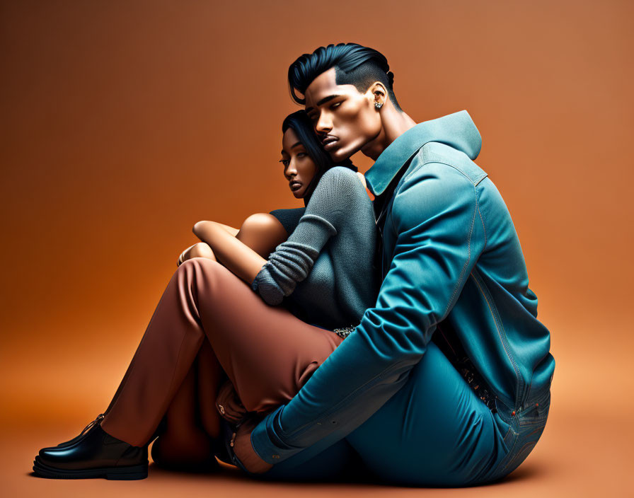 Stylish individuals in teal and grey outfits on amber backdrop