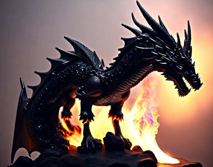 Detailed Black Dragon Figurine on Rocky Base with Fiery Fantasy Backdrop