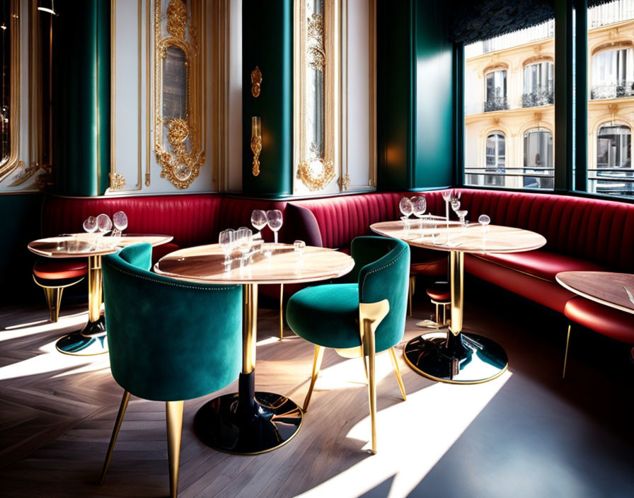 Elegant Restaurant Interior with Red Leather Booths & Velvet Chairs