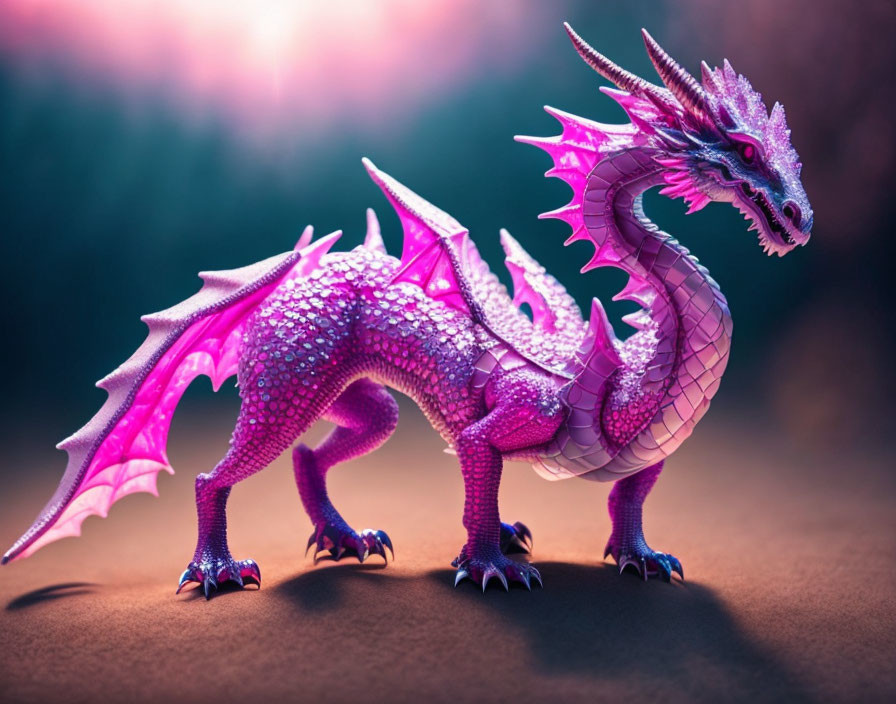 Detailed purple and pink fantasy dragon in magical forest.