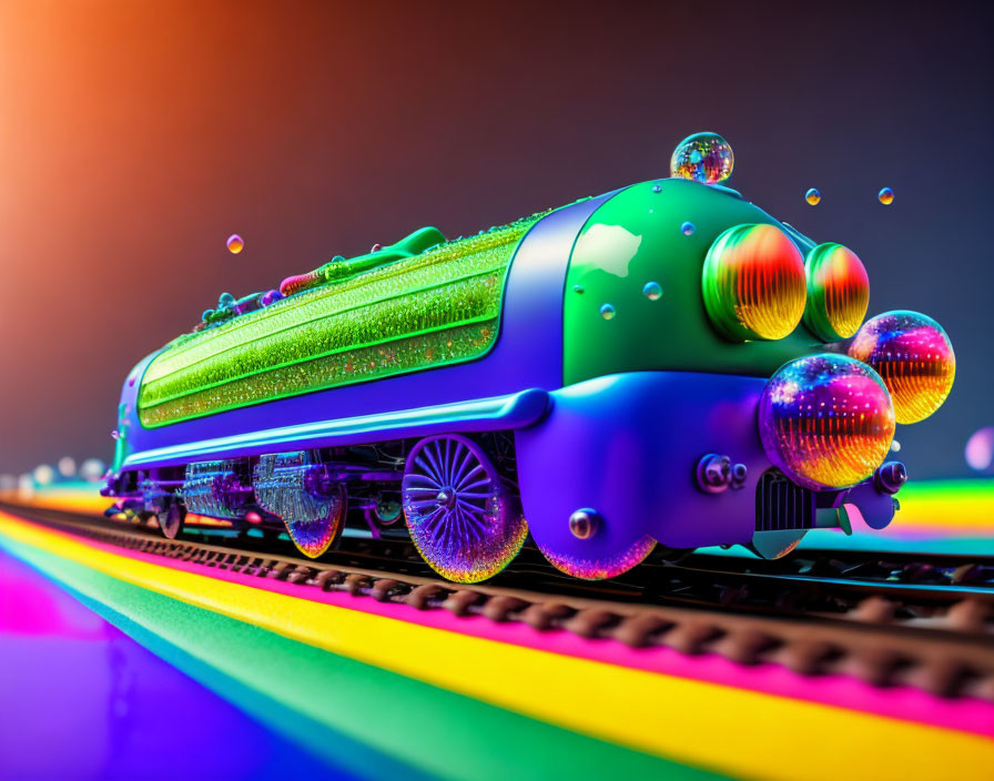 Colorful Futuristic Train on Rainbow Tracks with Metallic Green Body