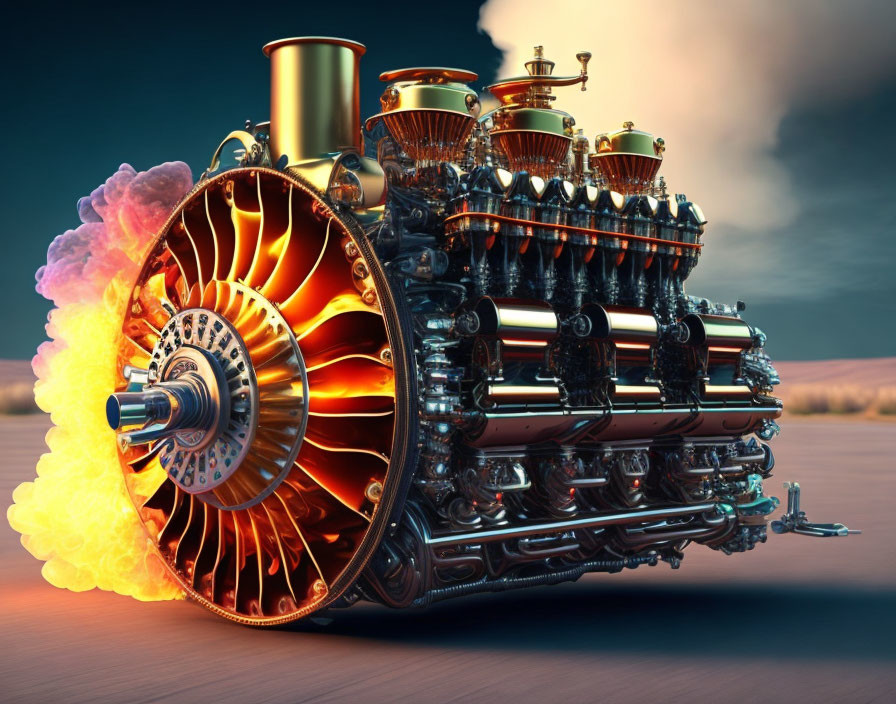 Detailed steampunk jet engine with exposed pistons and gears emitting flames.