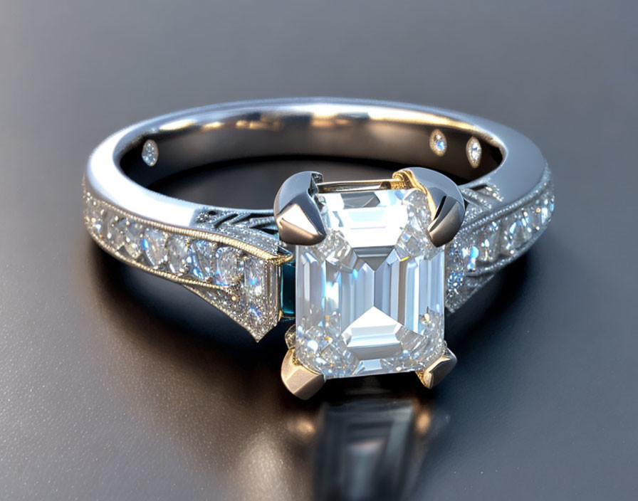 Emerald-Cut Diamond Engagement Ring on Silver Band with Pavé Diamonds