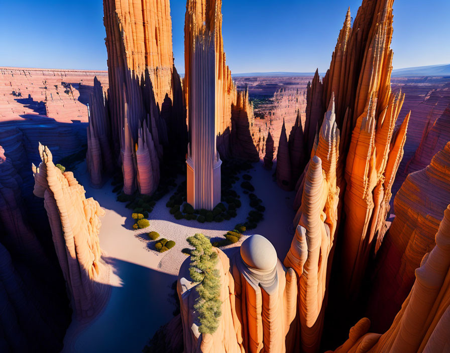 Desert Canyon with Sandstone Spires and Riverbed Scenery