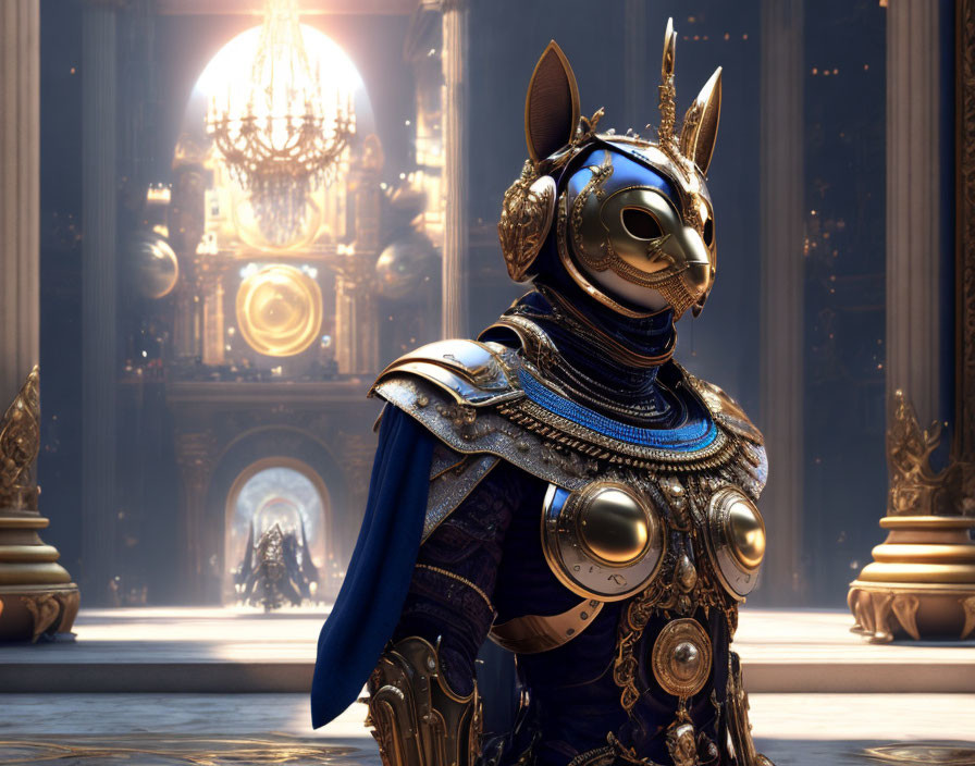 Futuristic knight in cat-like helmet and ornate armor in grand hall