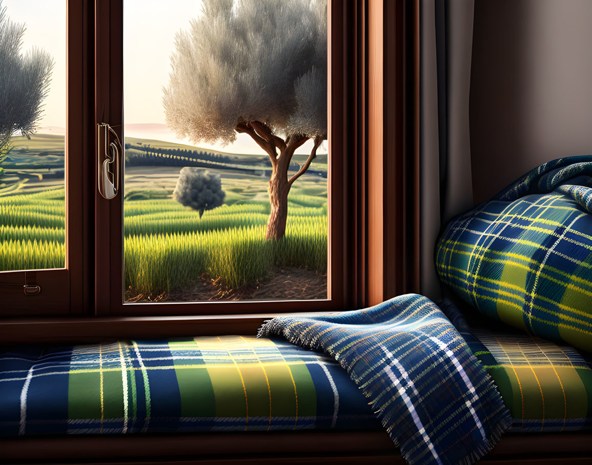 Window view of solitary tree in green fields with tartan blanket and cushion