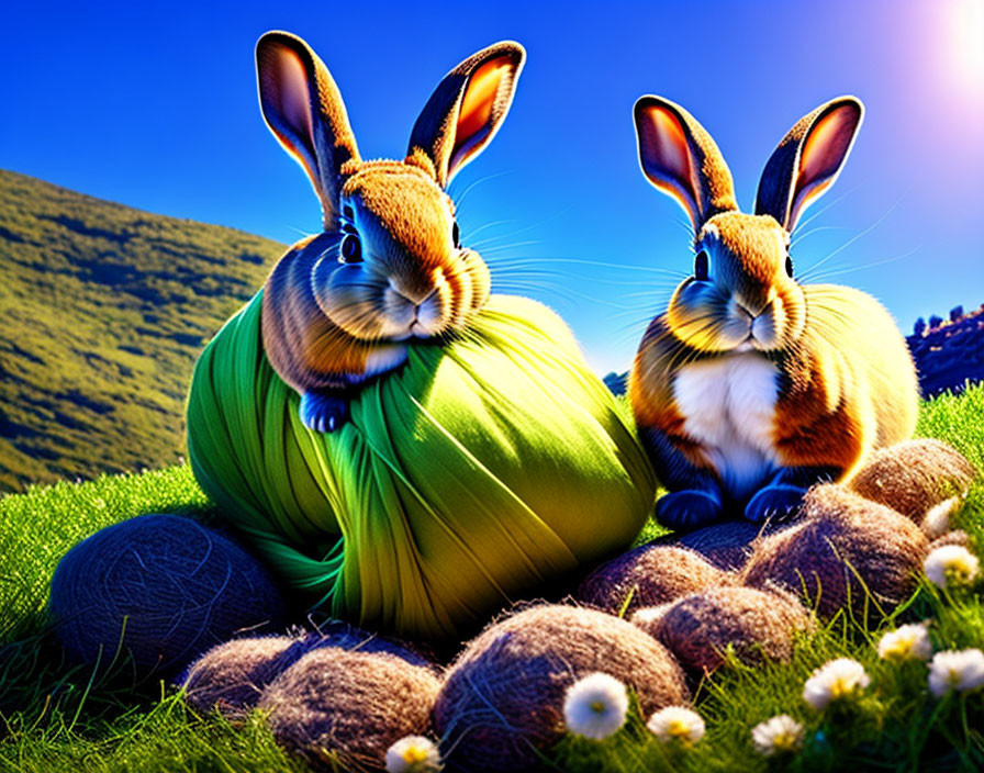 Colorful Cartoon Rabbits in Meadow with Yarn Balls and Dandelions