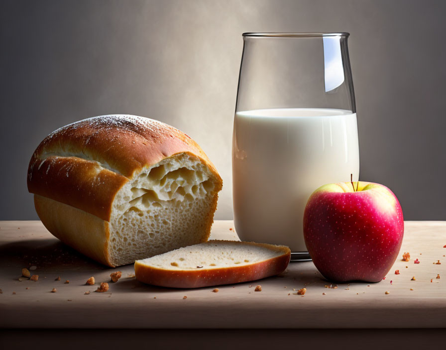 Freshly Baked Bread, Glass of Milk, Red Apple on Wooden Table