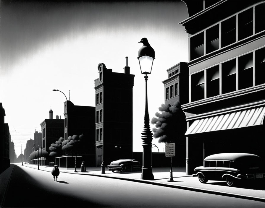 Monochrome urban street scene with vintage cars, buildings, streetlamp, bird, and pedestrian