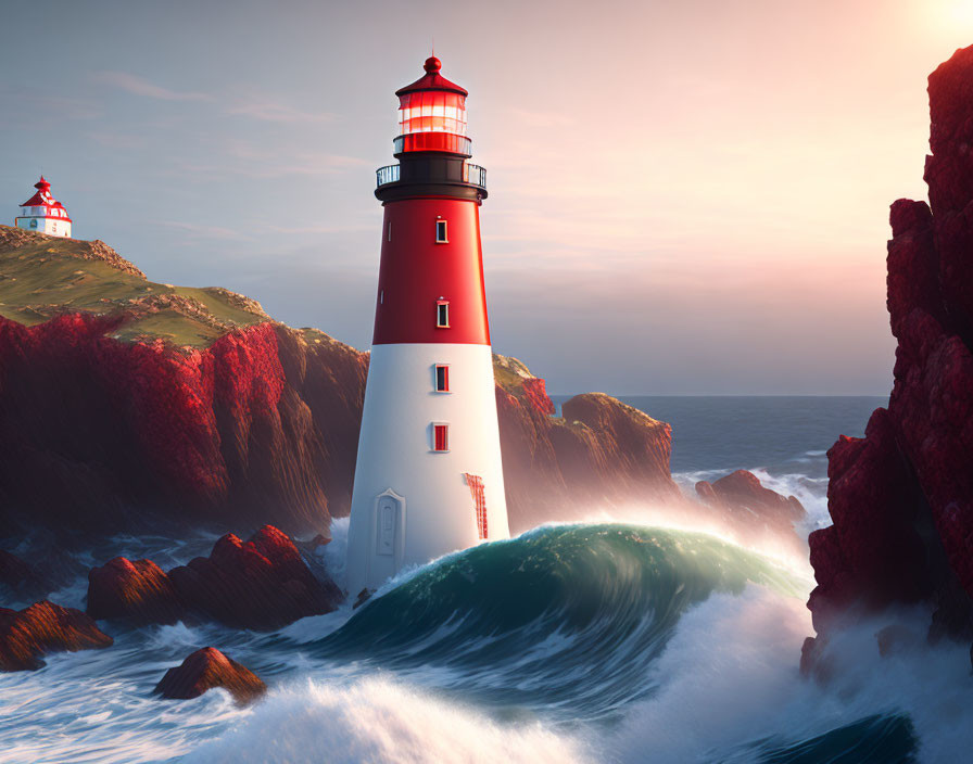 Red and White Lighthouse on Rugged Coastline with Crashing Wave