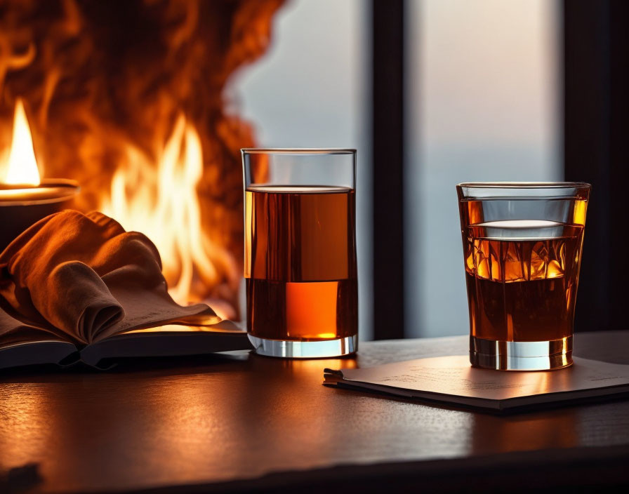 Amber liquid glasses, open book, cozy fireplace