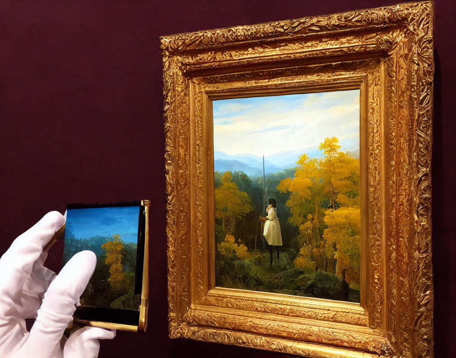 White Glove Hand Holding Miniature Painting of Figure in White Dress Amid Autumn Trees