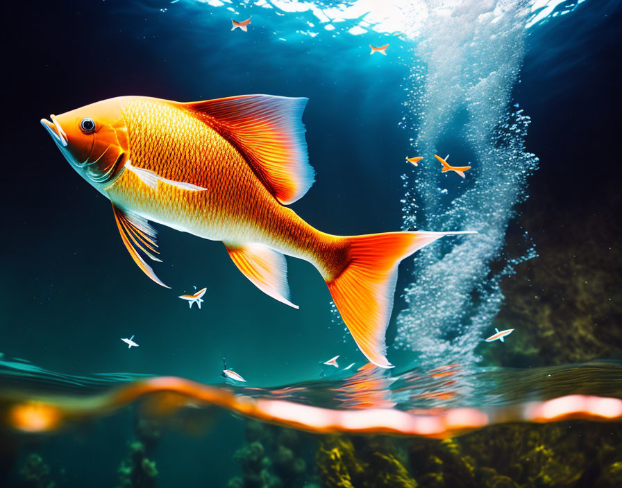 Colorful Orange Fish Swimming Among White Fish in Sunlit Water