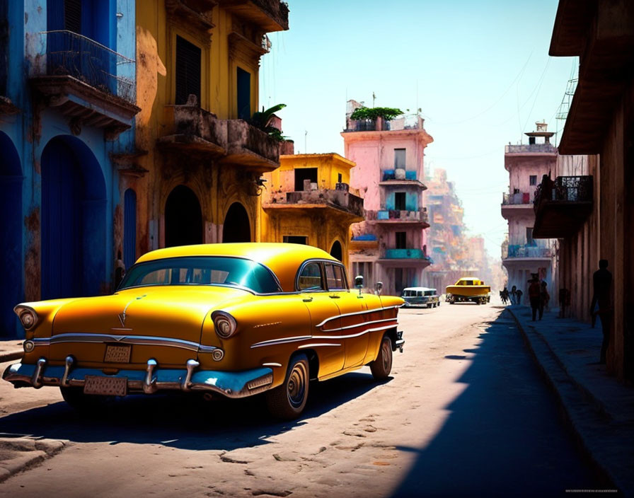 Vintage Yellow Car on Colorful Street with Old Buildings