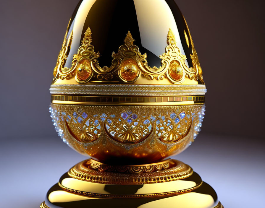 Intricate Golden and Black Egg with Jewels on Stand