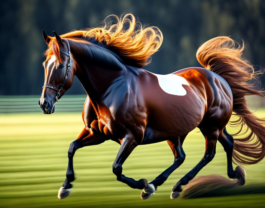 Majestic chestnut horse galloping in green pasture