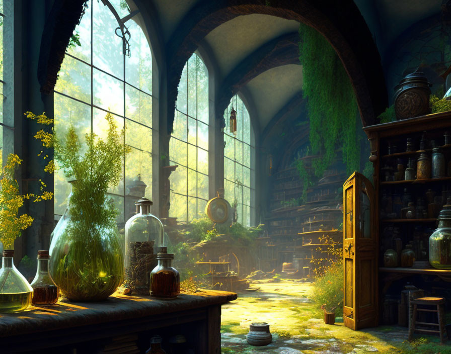 Sunlit Old Library Overgrown with Ivy and Vintage Objects