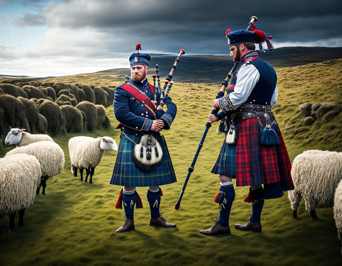 Traditional Scottish bagpipers in field with sheep under overcast sky