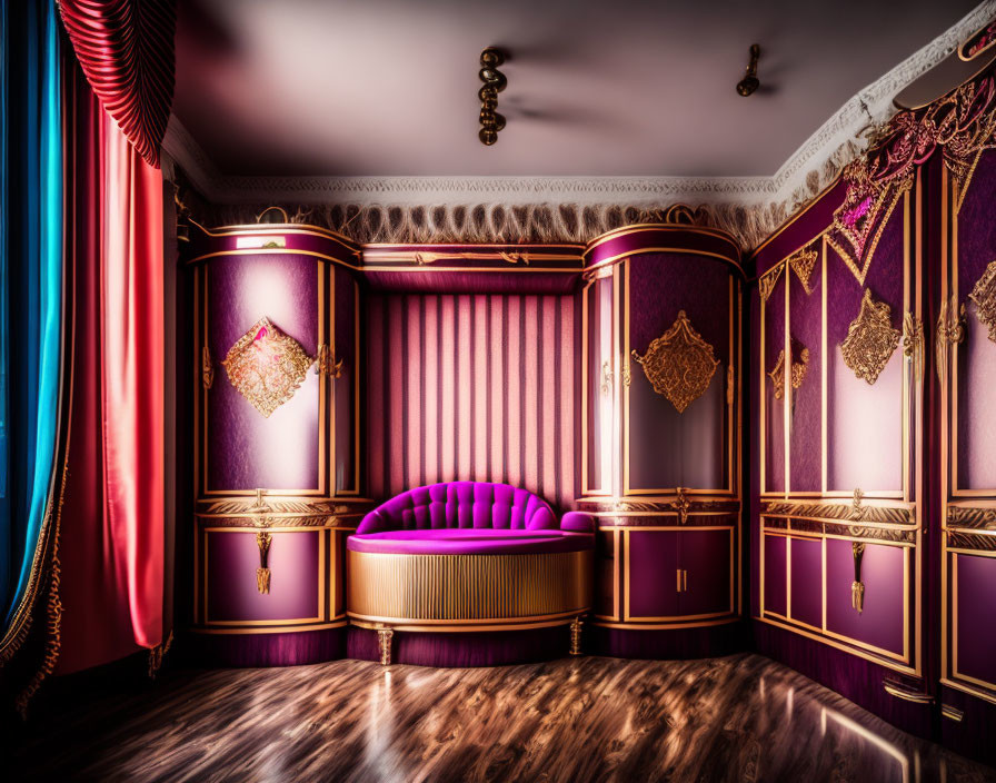 Luxurious Purple and Gold Themed Room with Circular Bed and Ornate Decor