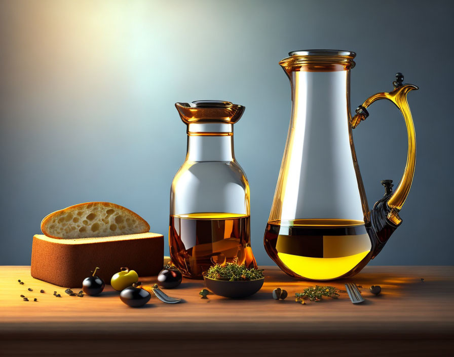 Still Life Composition: Glass Containers, Bread, Olives, and Herbs on Wooden Surface